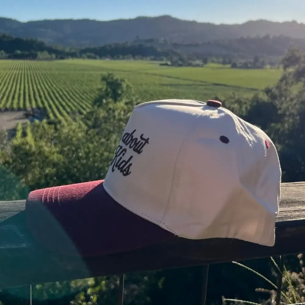 Sorry About My Kids Embroidered Trucker Hat Burgundy Cream Mesh Snapback Cap